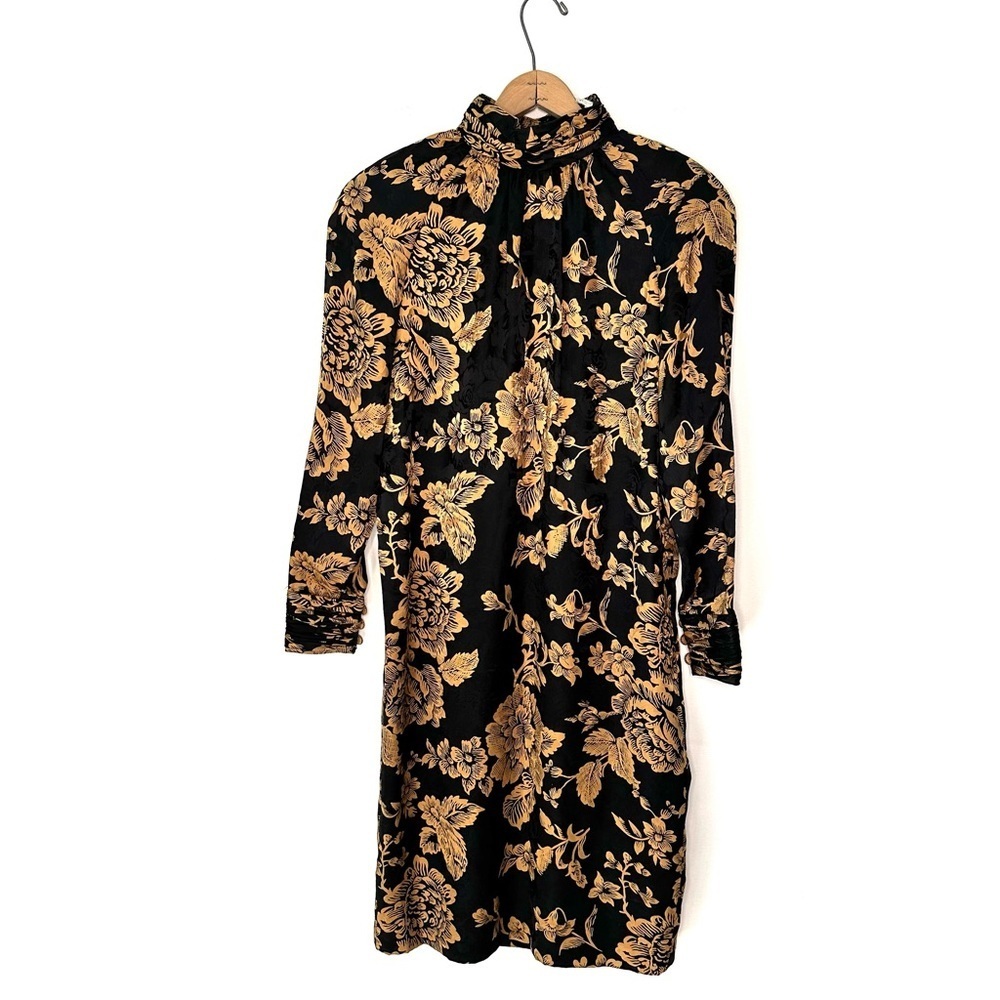 Oscar de la Renta Studio | Black and Gold Floral Long Sleeve Silk Dress Size 8